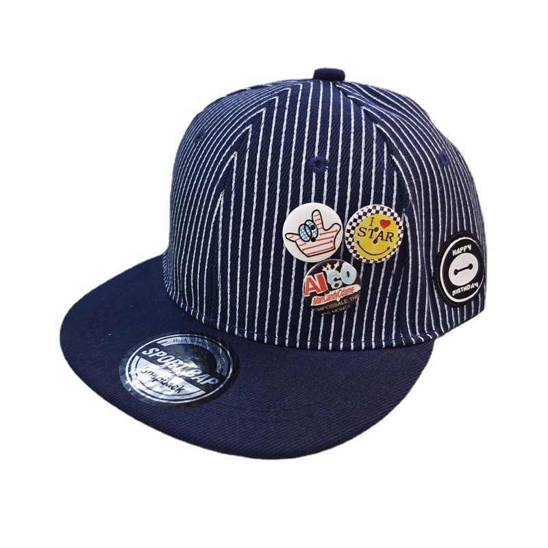 Korean Style Children's Striped Button Baseball Cap Children Flat Brim Hip Hop Hat Boys and Girls Peaked Cap Outdoor Sun Hat