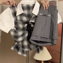 韩系小个子辣妹套装女夏季蝴蝶结掐腰格子短袖衬衫收腰显瘦半身裙