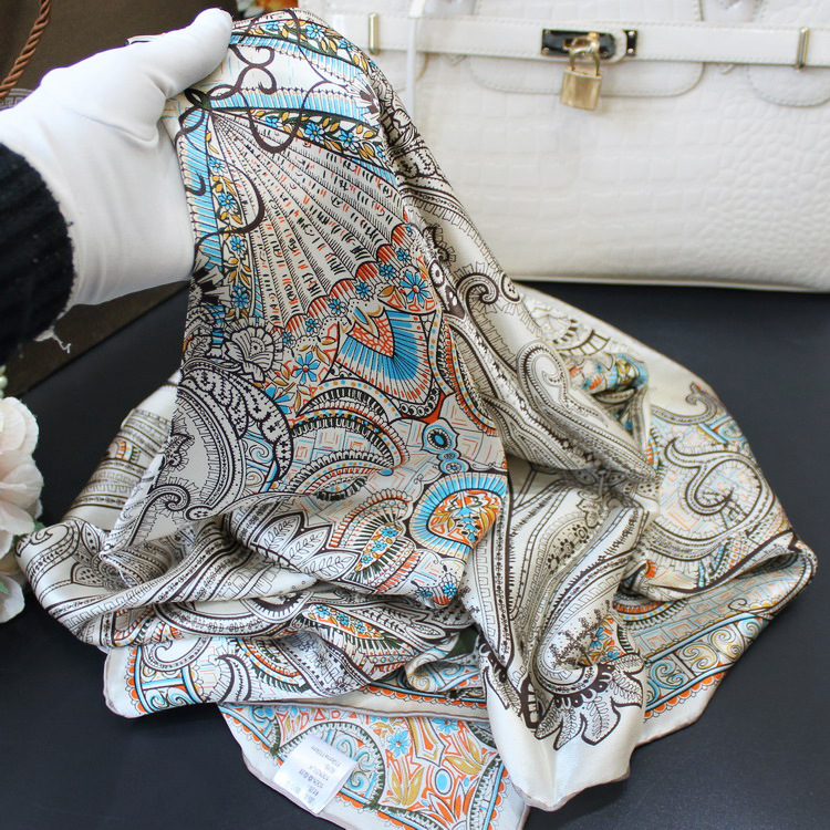 佩斯利腰果花桑蚕丝真丝丝巾手卷边素绉缎110大方巾披肩围巾女士