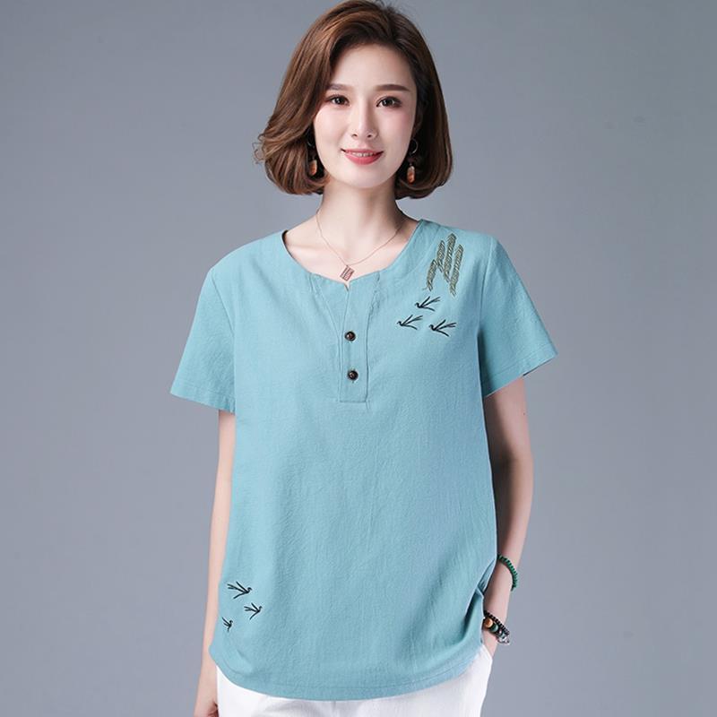 Cotton Art Style Short Sleeve T-shirt Women's Loose 2023 Summer New Embroidered plus Size Middle-Aged Mother's Cotton and Linen Top