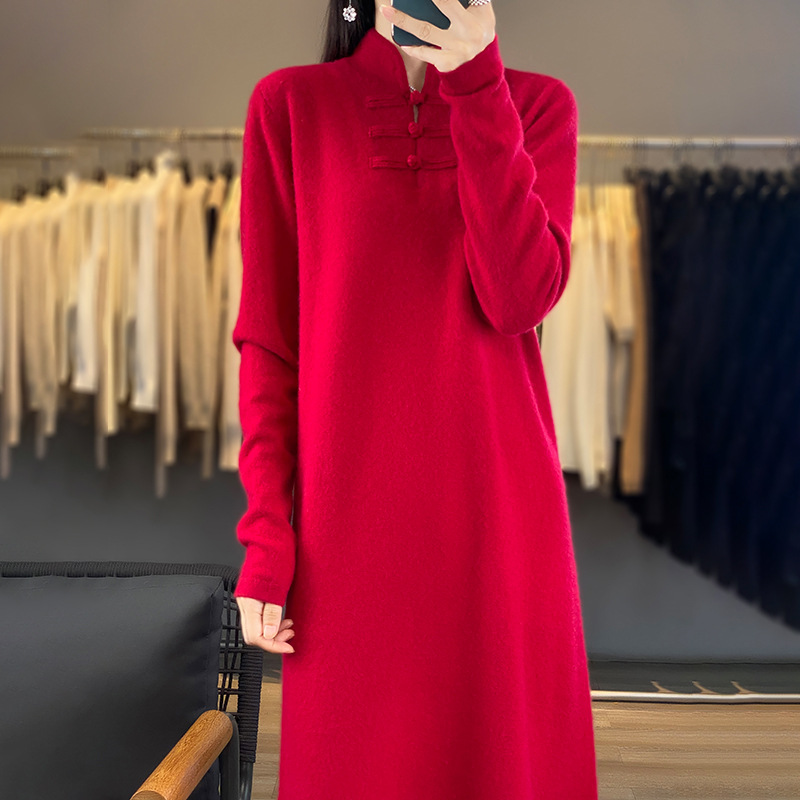 2023 Autumn and Winter New Stand Collar Solid Color Retro Buckle 100% Pure Wool Dress Women's Knitted Casual Straight Skirt