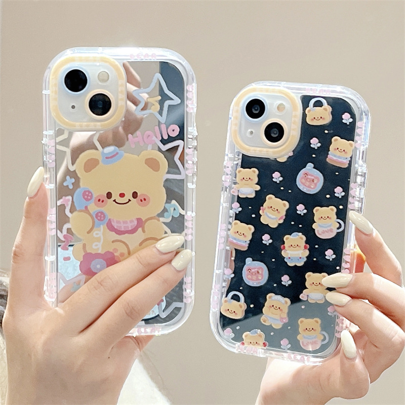 镜面可爱黄油小熊适用iphone15promax苹果13/14手机壳11/12少女心