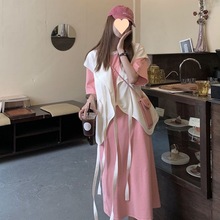 300斤大码女装夏季新款韩版慵懒风恤连衣裙+宽松马甲套装潮