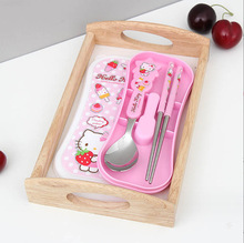 韩国进口Hello Kitty学生勺筷盒套装凯蒂猫便捷收纳盒不锈钢餐具