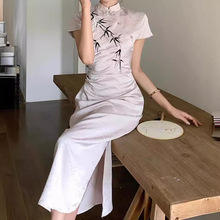 YUXUAN2024年夏季新中式竹子旗袍裙立领刺绣显瘦中长款提花连衣裙