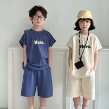 童套装2024夏款男童女童韩版休闲纯色字母上衣儿童短袖短裤两件套