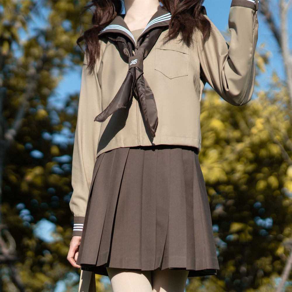 现货批发 日系校供jk制服裙咖啡色三本水手服长袖棕色百褶裙套装