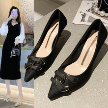 尖头单鞋女2022年春季新款软皮职业工作女鞋不累脚黑色细跟高跟鞋