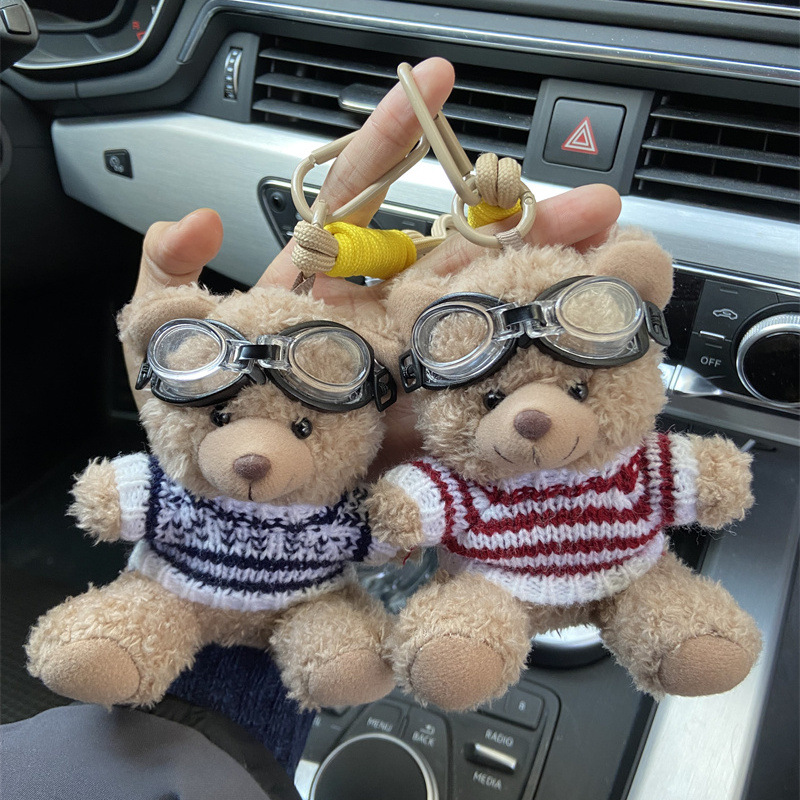 棕色泰迪熊毛衣戴眼镜情侣礼物毛绒车钥匙扣包挂件毛绒熊挂件装饰