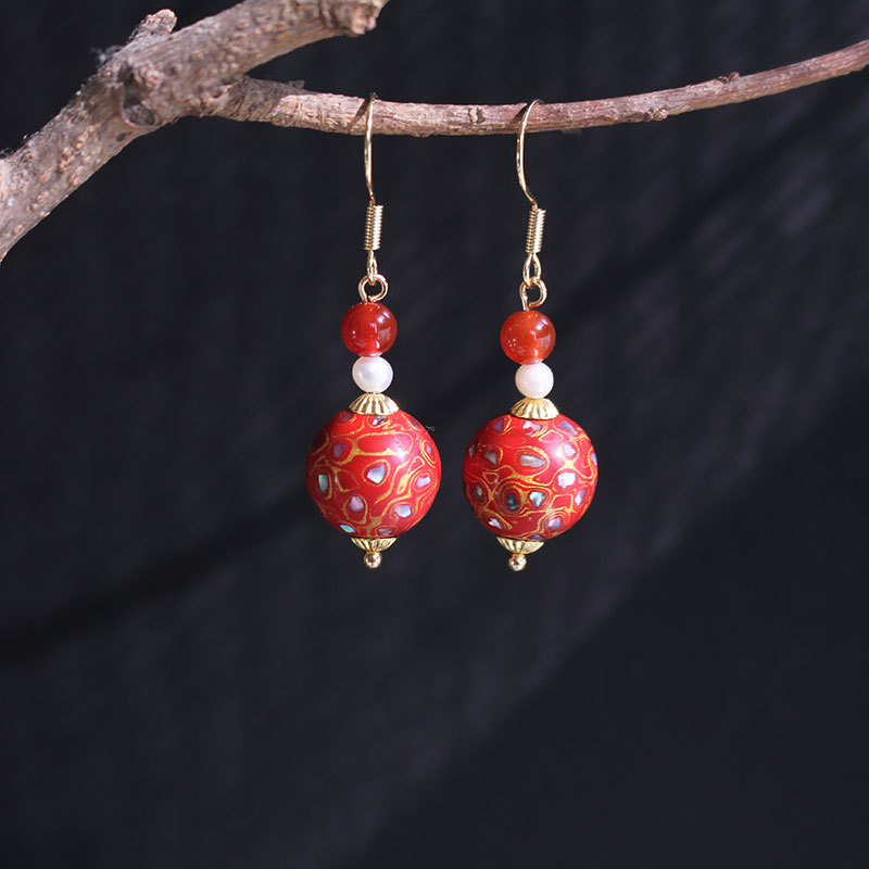 新娘喜庆新年过年耳环正红色大漆珠耳环耳坠新中式-阿里巴巴