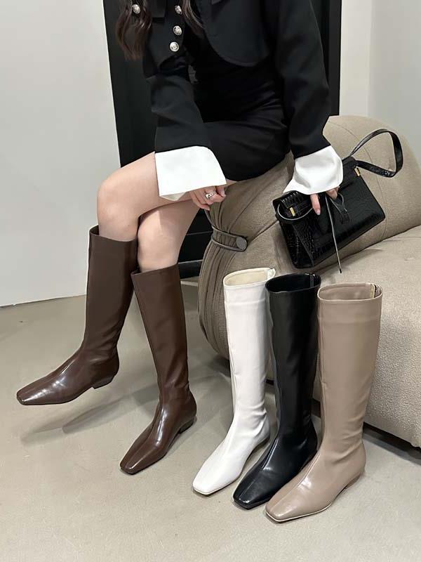 长款不过膝方头后拉链平底靴2023秋冬新款平跟高筒靴时装长靴女鞋