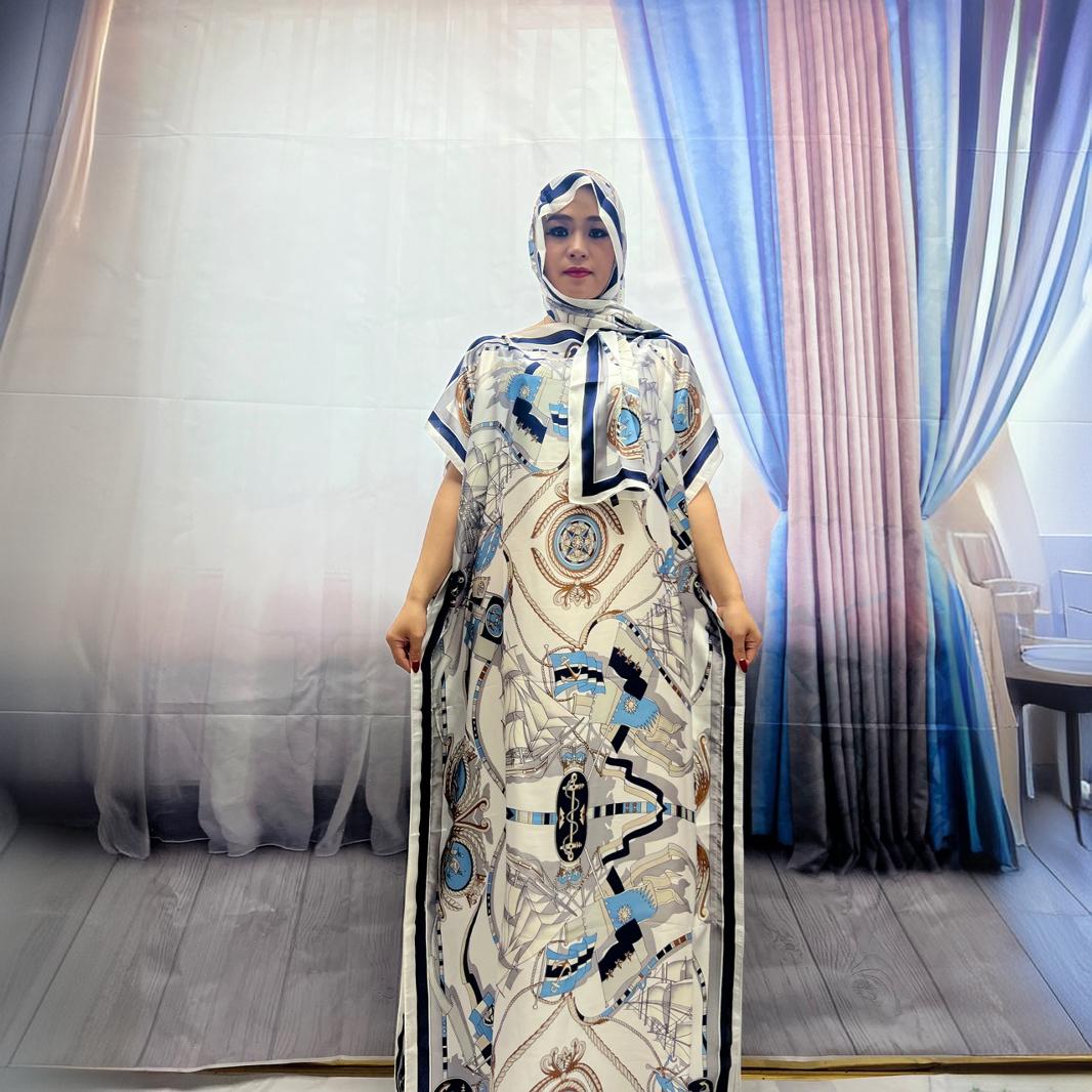 2024夏秋跨境出口新款高档阿拉伯非洲欧美时尚印花头巾长裙两件套