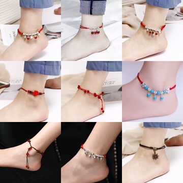 国风创意脚饰本命年女可爱红绳铃铛蝴蝶小鱼脚链手工编织diy铃铛