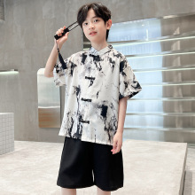 男童套装夏季汉服2024款儿童运动休闲新中式水墨画盘扣两件套唐装