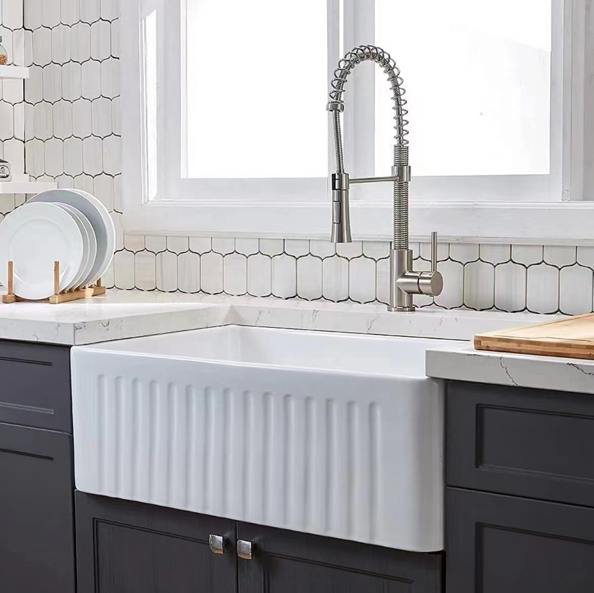 美式厨房前置半嵌入式陶瓷水槽洗碗盆大号超深长方形水池阳台下盆