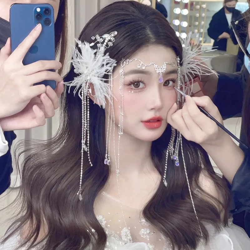 羽毛发夹新娘头饰水晶流苏发饰对夹超仙复古婚礼演出舞台礼服饰品
