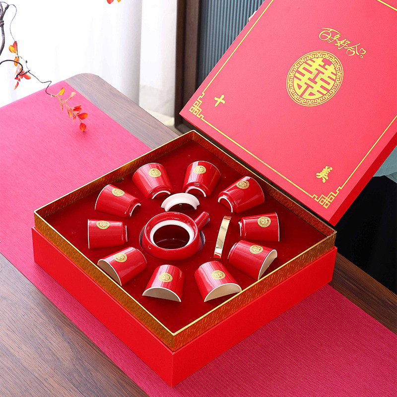 Wedding Tea Set Red Large Engagement Dowry Wedding Ceremony Modified Tea Cup Ceramic Teapot Happiness Plate Gift Box