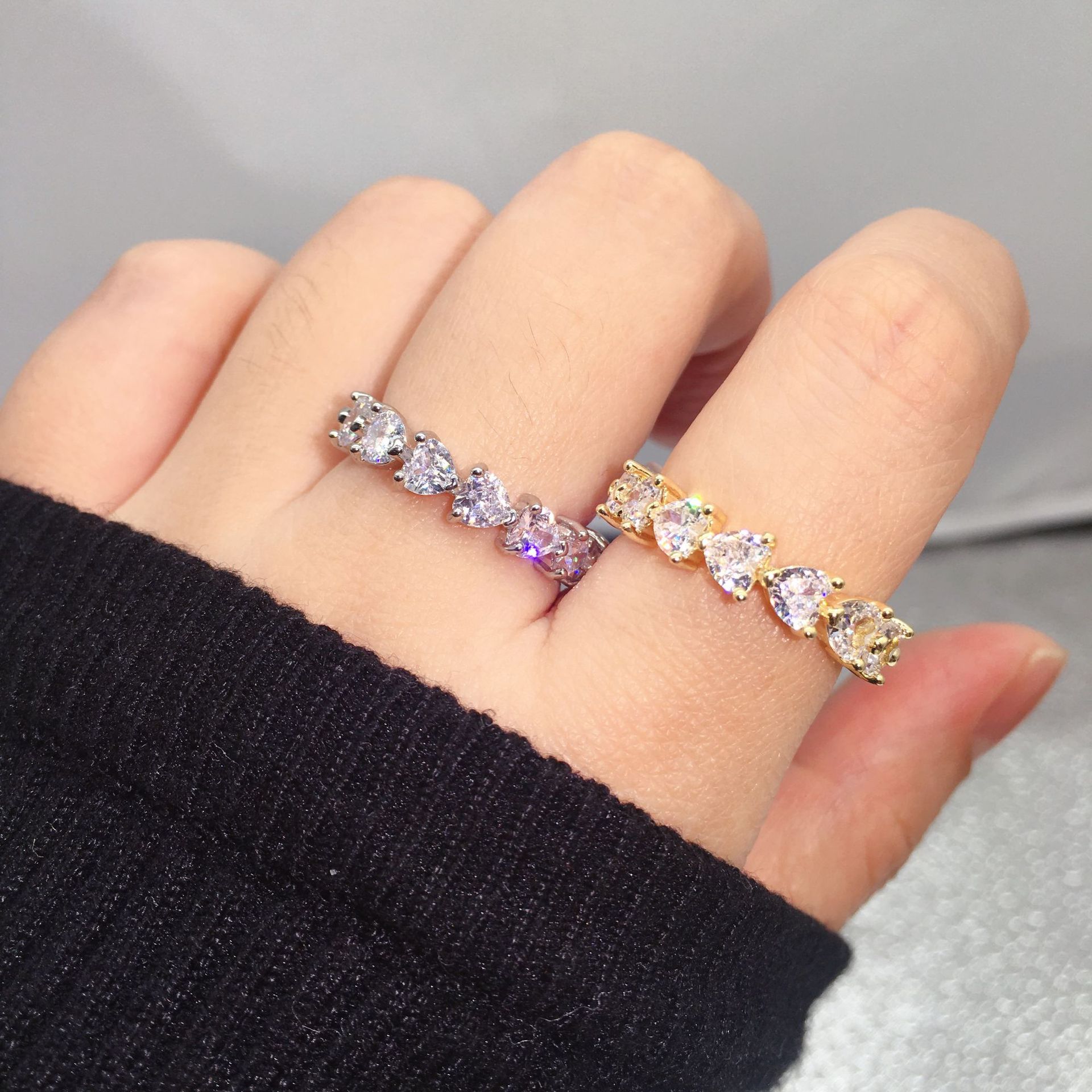 高级感轻奢满钻锆石排戒指超闪网红排钻双层指环ins韩国气质开口