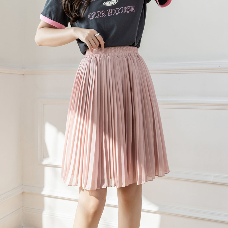 粉色雪纺半身裙女夏季薄款2024新款松紧腰百褶裙遮胯显瘦a字短裙