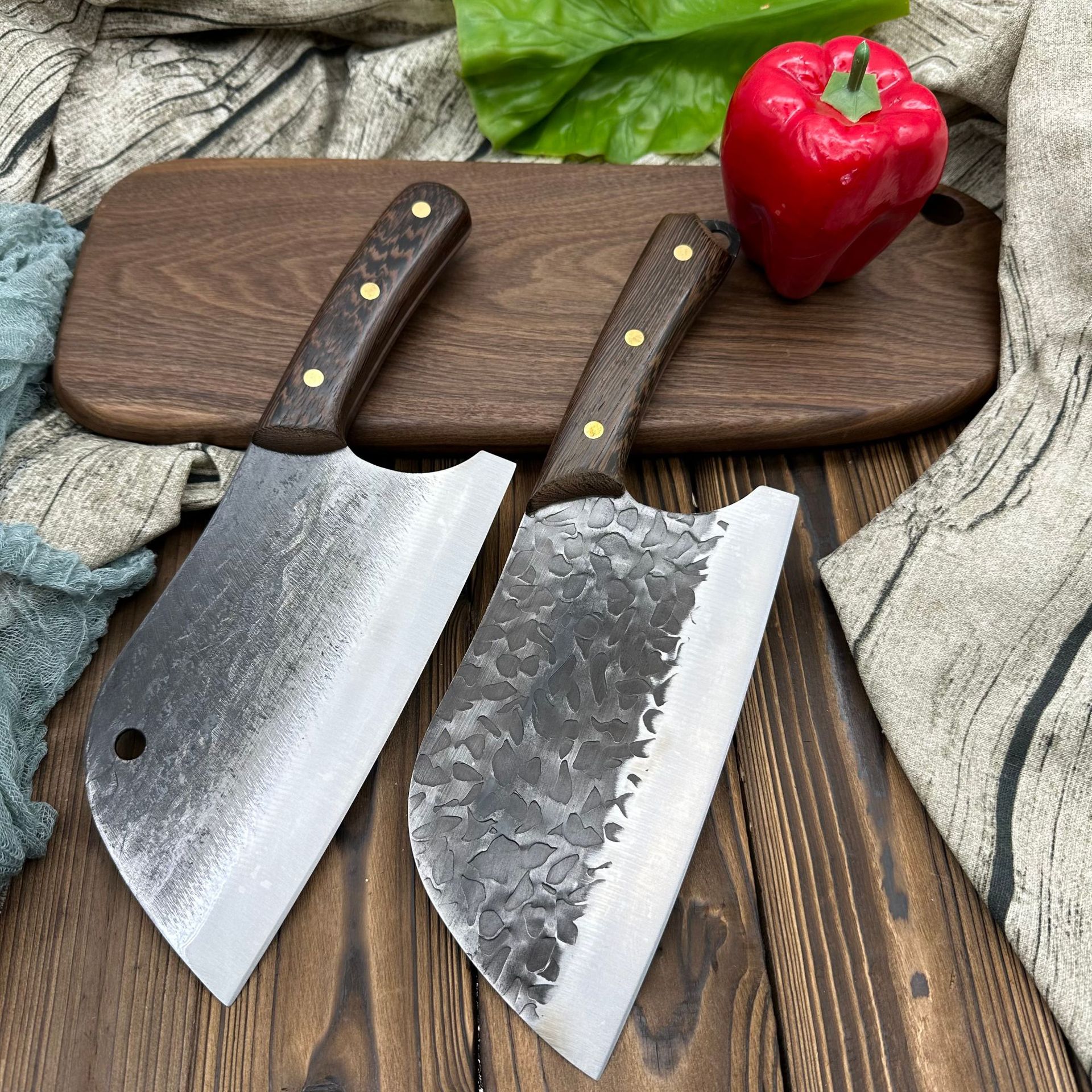 龙水锻打手工厨房家用菜刀切片刀锤纹刀鸡翅木锋利切片刀切肉刀具