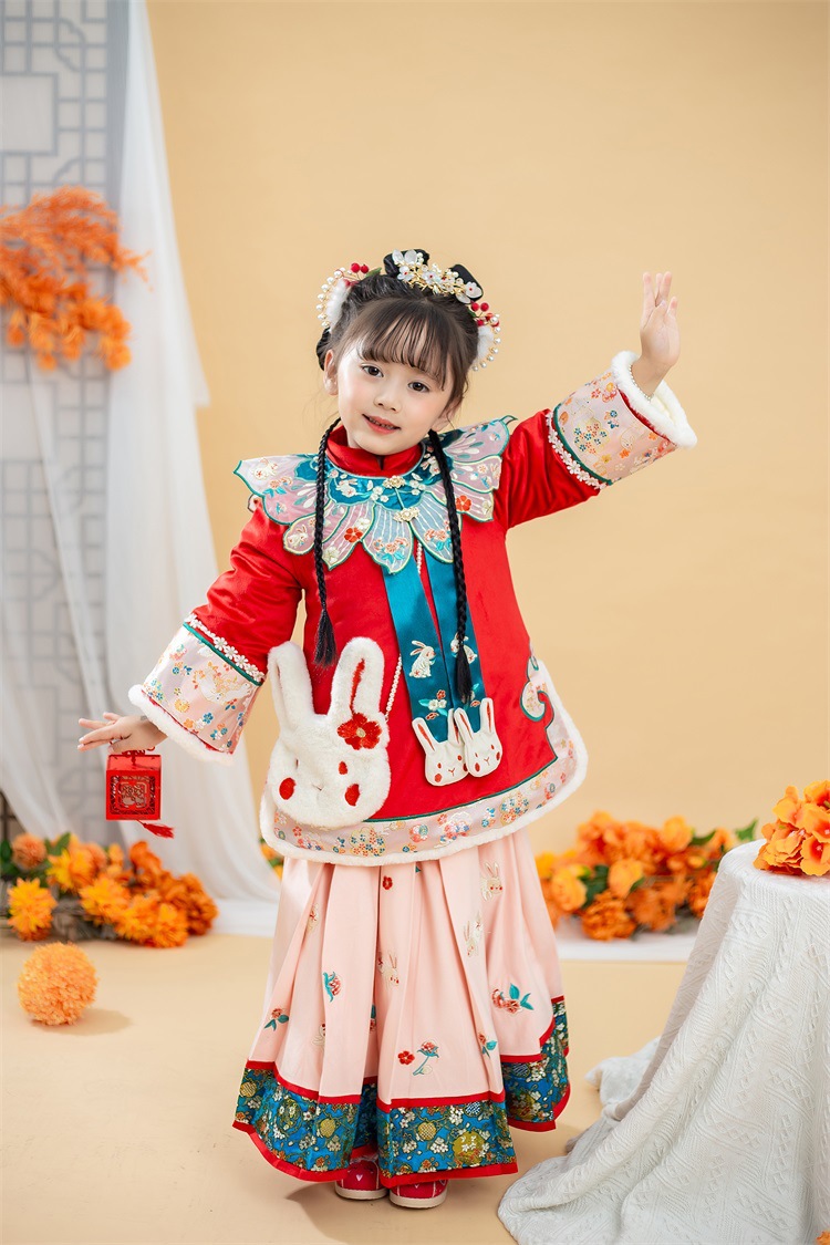 伊娃布衣原创汉服女童冬款唐装小女孩中国风加厚四件套古装裙套装