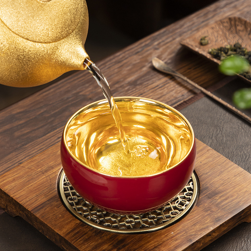 金茶杯纯金24k茶盏主人杯家用陶瓷鎏金木叶建盏大号个人单杯礼盒