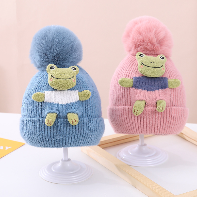 Children's Wool Hat Korean Ins Fur Ball Thickened Winter Cartoon Frog Boy and Girl Baby Warm Knitted Hat
