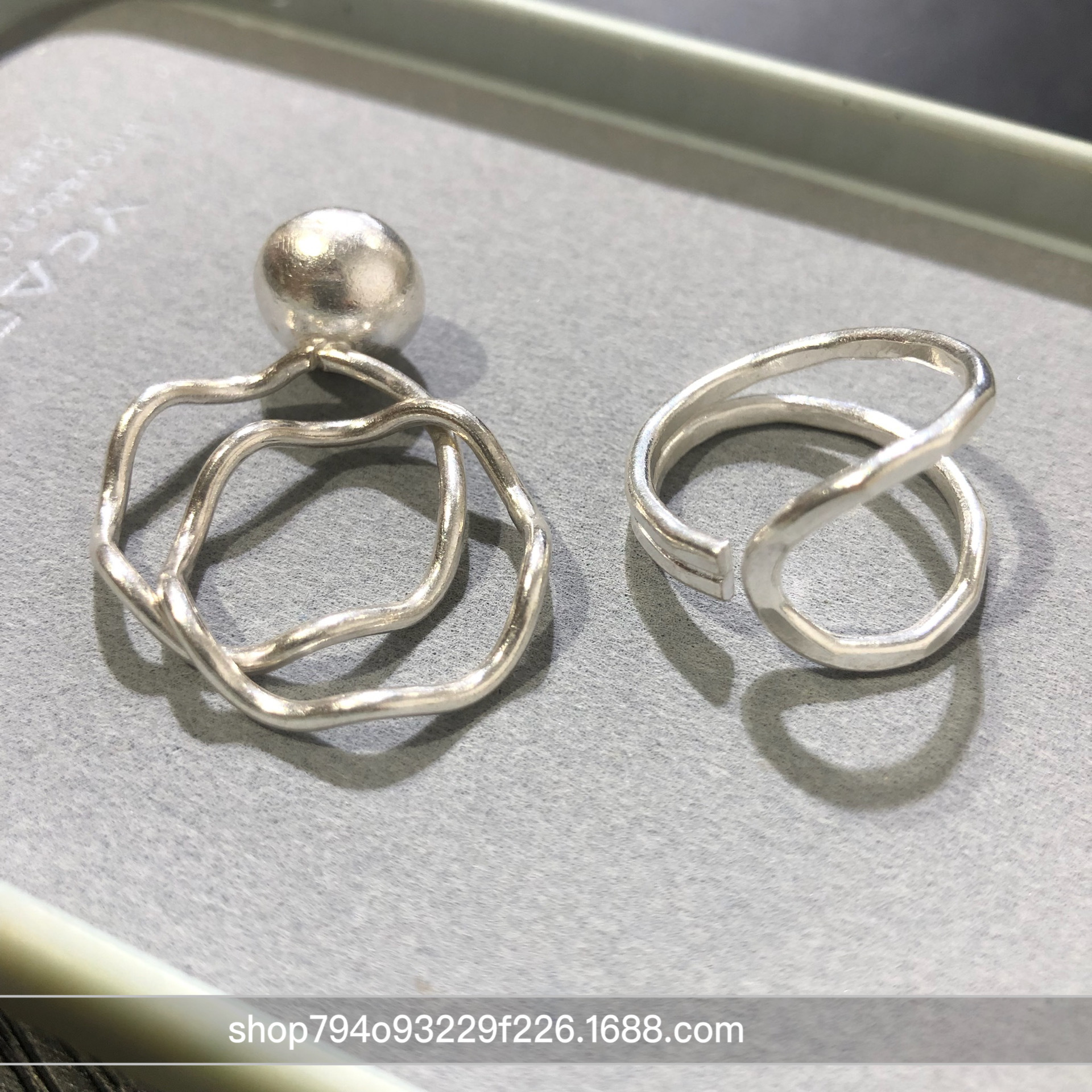 西西里 泰国泰式 925银纯手工素银 单球波浪几何细框戒指指环饰品