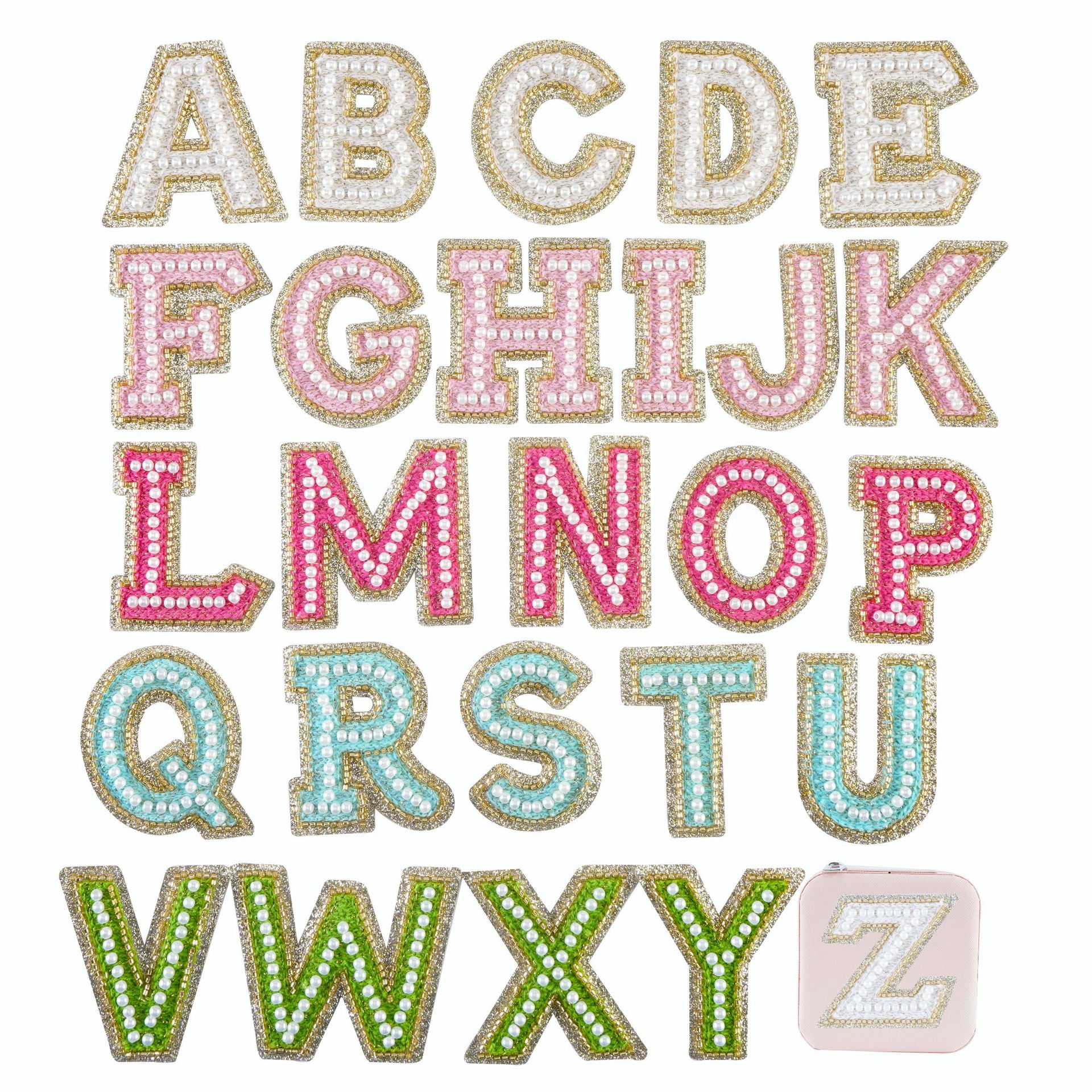 新款电脑绣花标珍珠布贴英文字母刺绣布贴AZ字母刺绣贴补丁贴