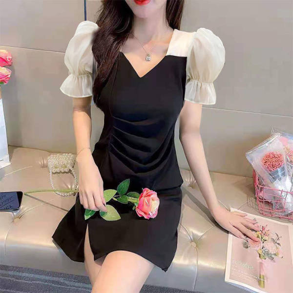 French Style Puff Sleeve Dress Summer 2021 New Slim Fit Slimming Temperament Goddess Style Socialite Stitching Black Dress
