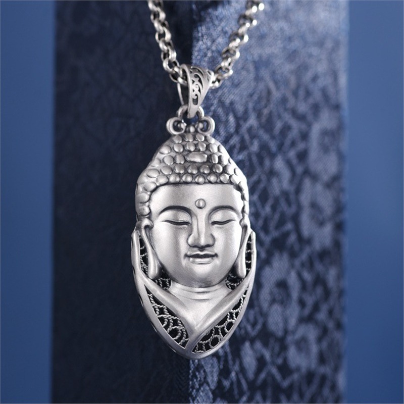 精品999纯银如来佛头像吊坠男士潮款复古泰银国风项链挂坠银饰品