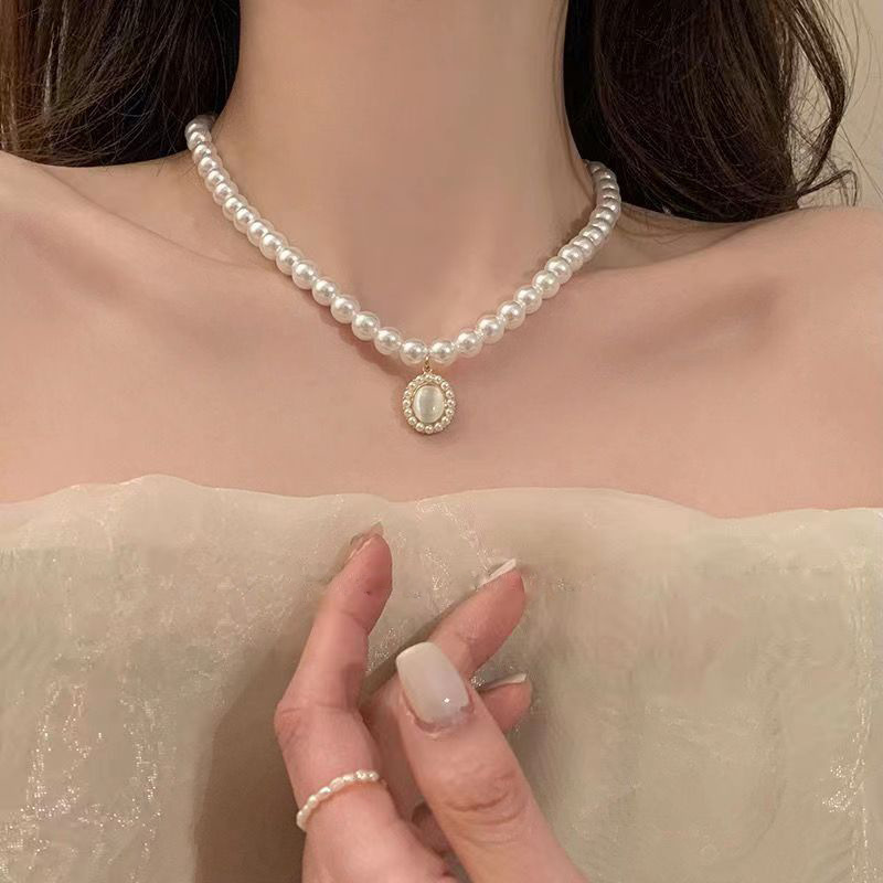 French Retro Imitation Pearl Opal Necklace Fashion Gradient Design Clavicle Chain Graceful Online Influencer Earings Set