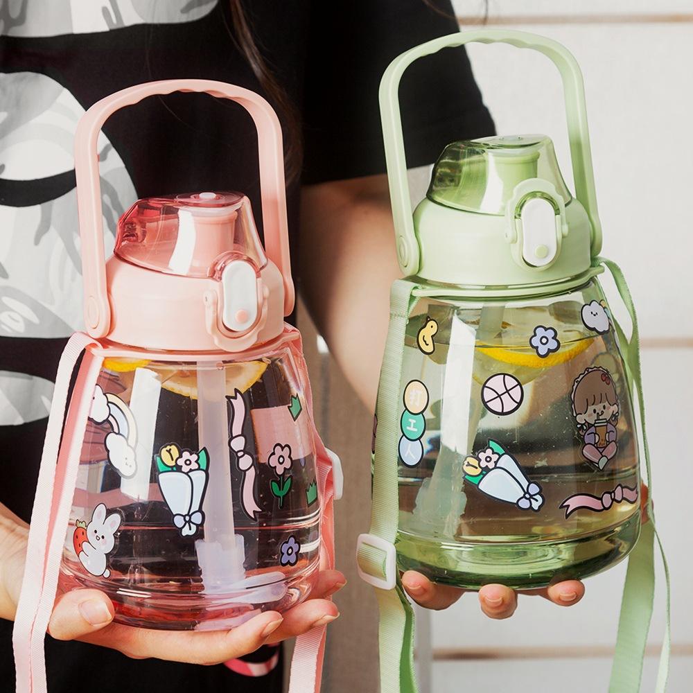 跨境爆款diy贴纸大肚杯吸管大肚塑料杯大水杯户外旅行可爱大水壶