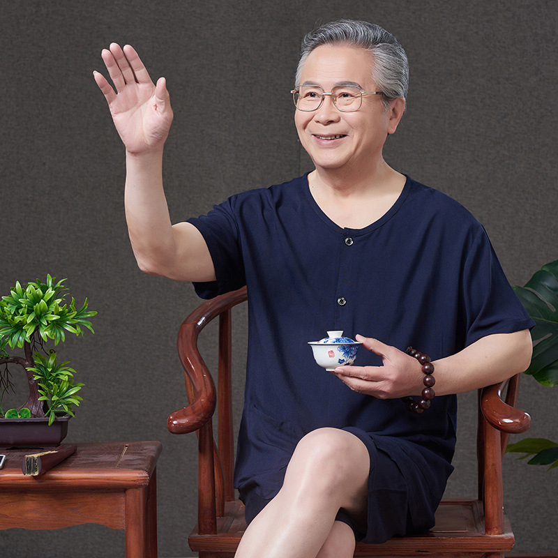夏耆夏装男60-70-80岁爷爷夏季短袖两件套装爸爸棉绸居家睡衣服