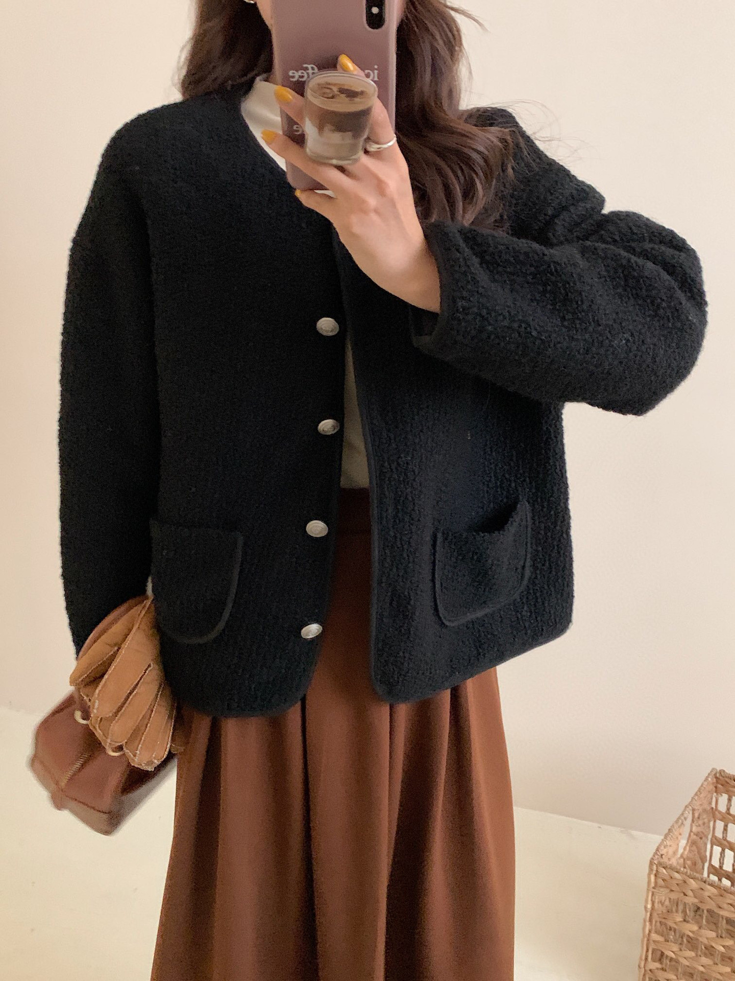 韩版23秋冬新款宽松净版口袋无领外套女粗花呢系扣外套上衣潮