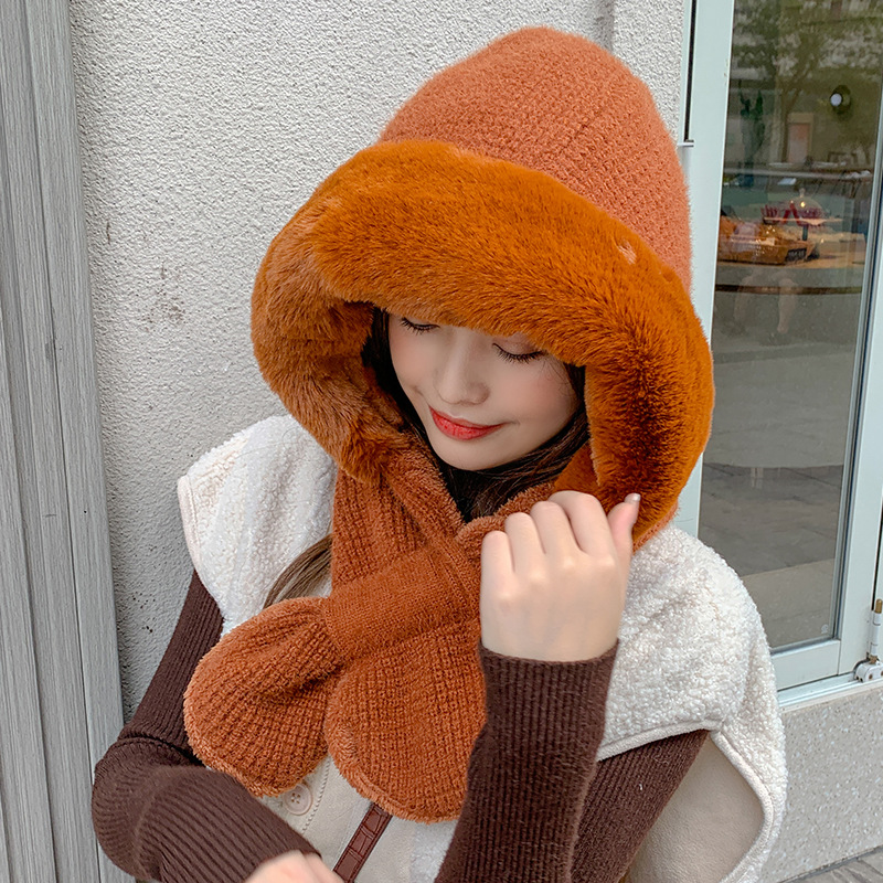 帽子围脖一体女冬成人韩版连帽水貂毛针织围巾加绒加厚保暖外婆帽