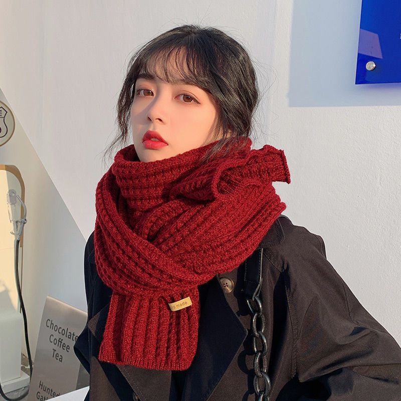 Women's Scarf Autumn and Winter Korean Style Solid Color Knitted Wool Keep Warm Student Cute Couple Internet Celebrity Scarf Men's Versatile