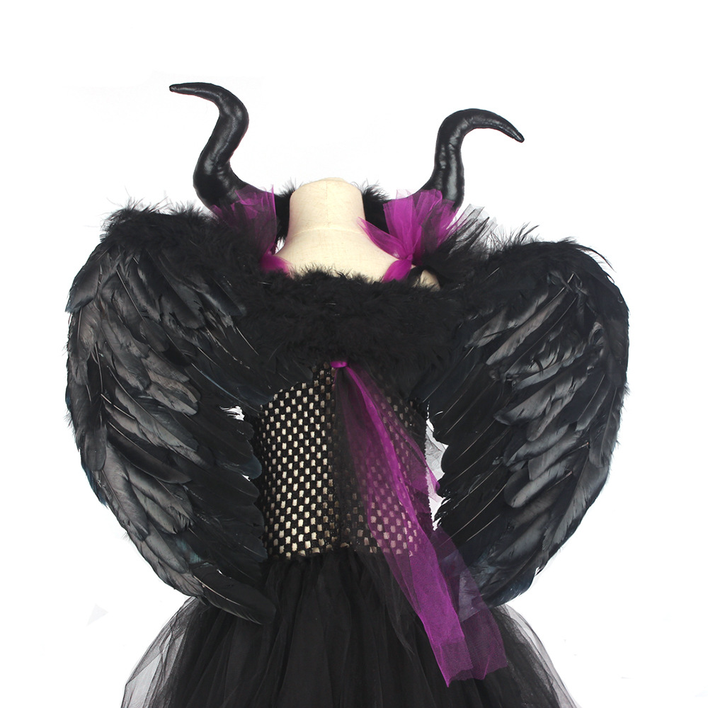 沉睡魔咒女巫连衣裙礼服套装儿童万圣节玛琳菲森扮演服含发箍翅膀