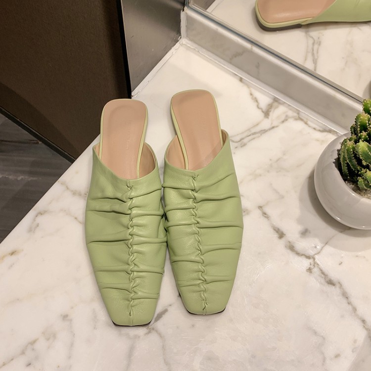 羊皮柔软平底拖鞋 ins风夏季新品方头褶皱纯色包头外穿女式凉拖鞋