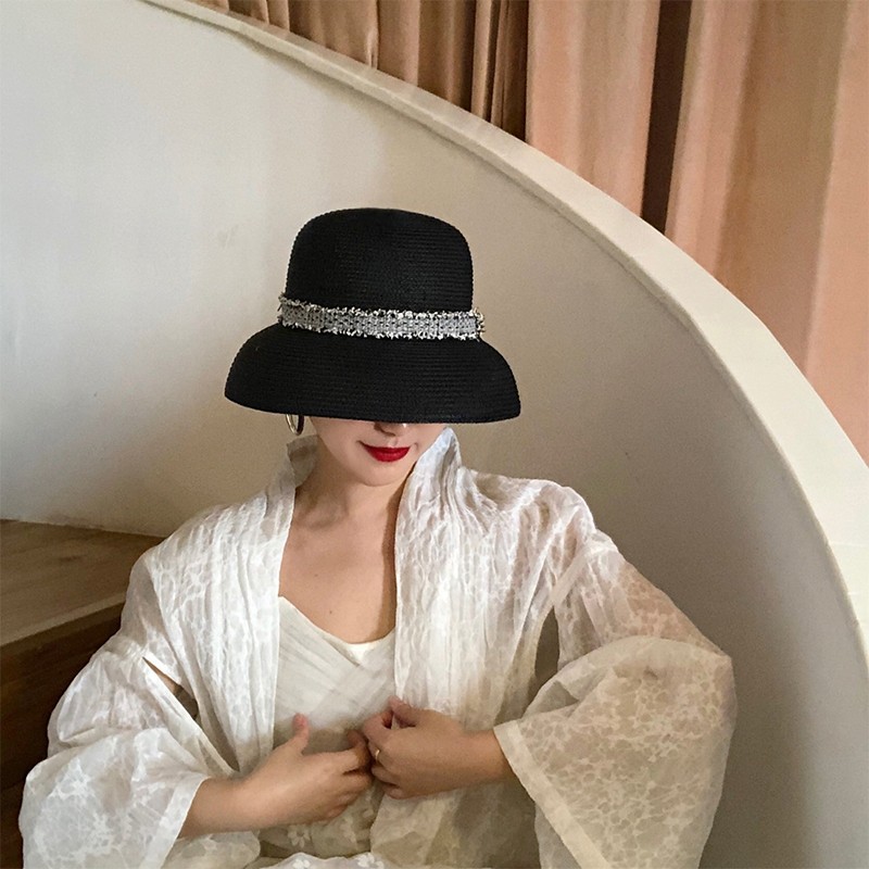 Black French Style Hepburn Hat Women's Summer Fashion Korean Sun Hat Sun Protection Straw Sun Hat Elegant and Generous Top Hat