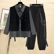 男女同款套装2022春秋新款韩版宽松衬衫+马甲帅气工装裤三件套潮