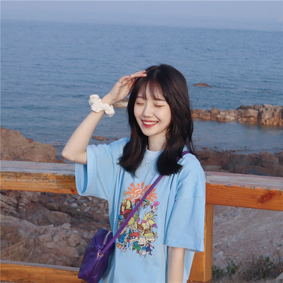 8472#6535棉浅蓝色短袖t恤女夏季韩版原宿风bf宽松半袖上衣