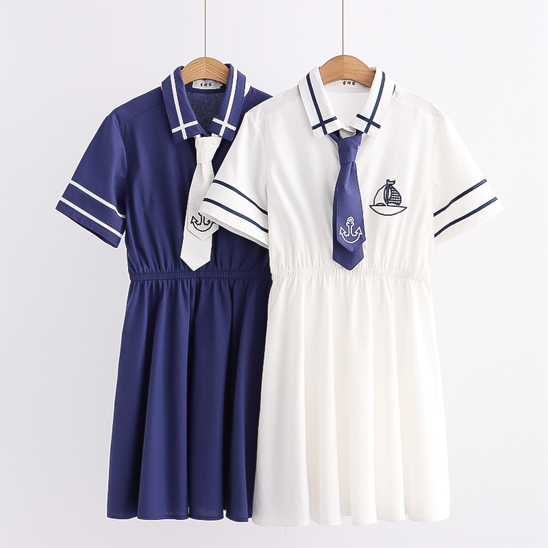夏季日系海军风船锚刺绣翻领短袖连衣裙 学院风休闲水手服裙子女
