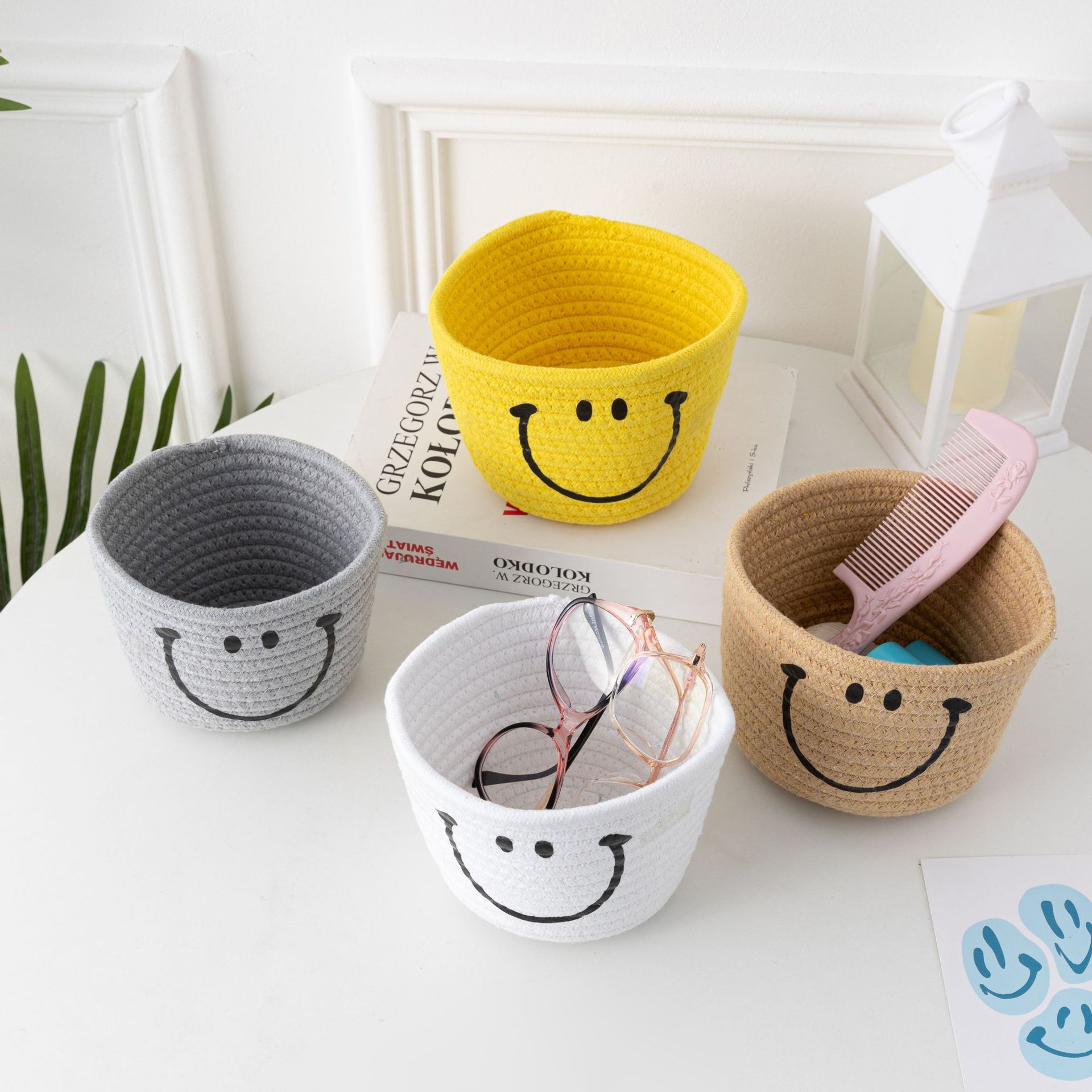 INS Smiley Face Cotton Braided Desktop Storage Key Cosmetics College Student Bedroom Cotton Rope Storage Baskets Sundries Basket