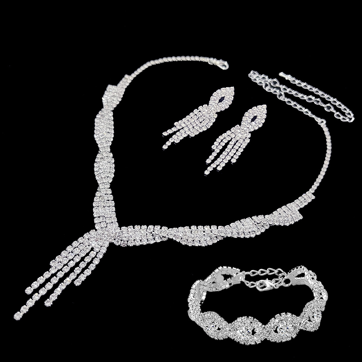 Necklace Earrings Tassel Wedding Jewelry Set Rhinestone Pendant Wedding Banquet Twist Wedding Dress Accessories 8673