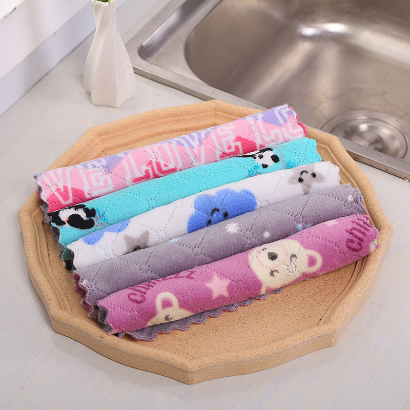 New Coral Fleece Double-Sided Cartoon Printed Scouring Pad Home Absorbent Oil-Free Rag Cartoon Square Towel Wholesale