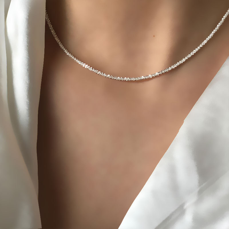 White Silver ~ Sparkling Italy Imported Flash Choker Bare 925 Sterling Silver Clavicle Chain Cold