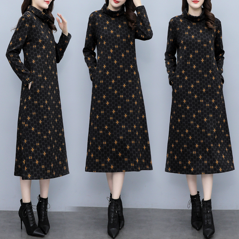 妈妈装加绒加厚连衣裙冬季羊绒气质碎花长款裙子保暖过膝打底裙女