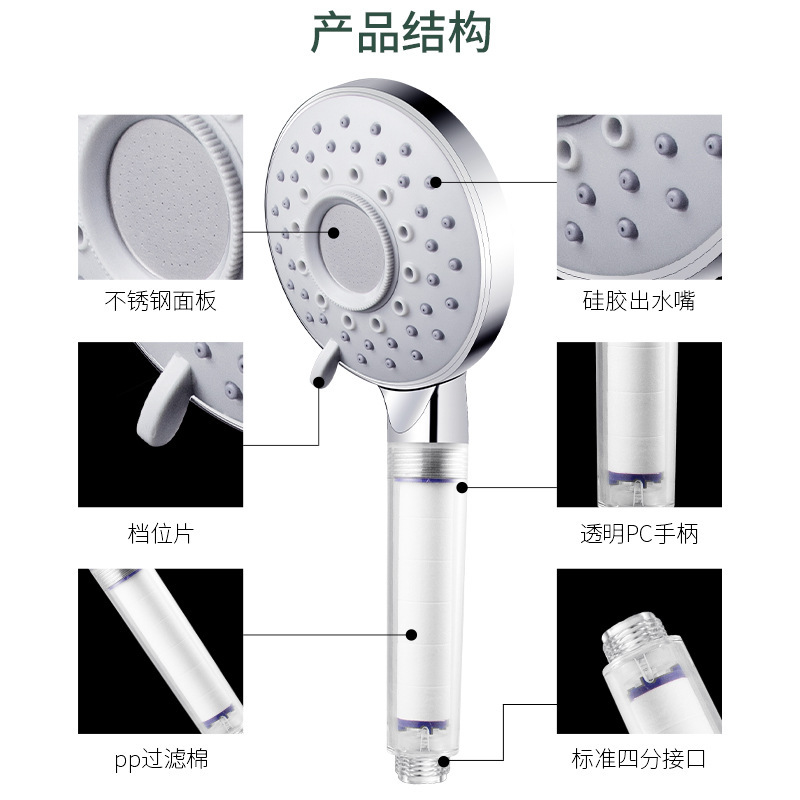 Five-Speed Adjustable Large Water Shower Electroplating Filtering Shower Head Hand Spray Supercharged Shower Nozzle Wine Factory Wholesale