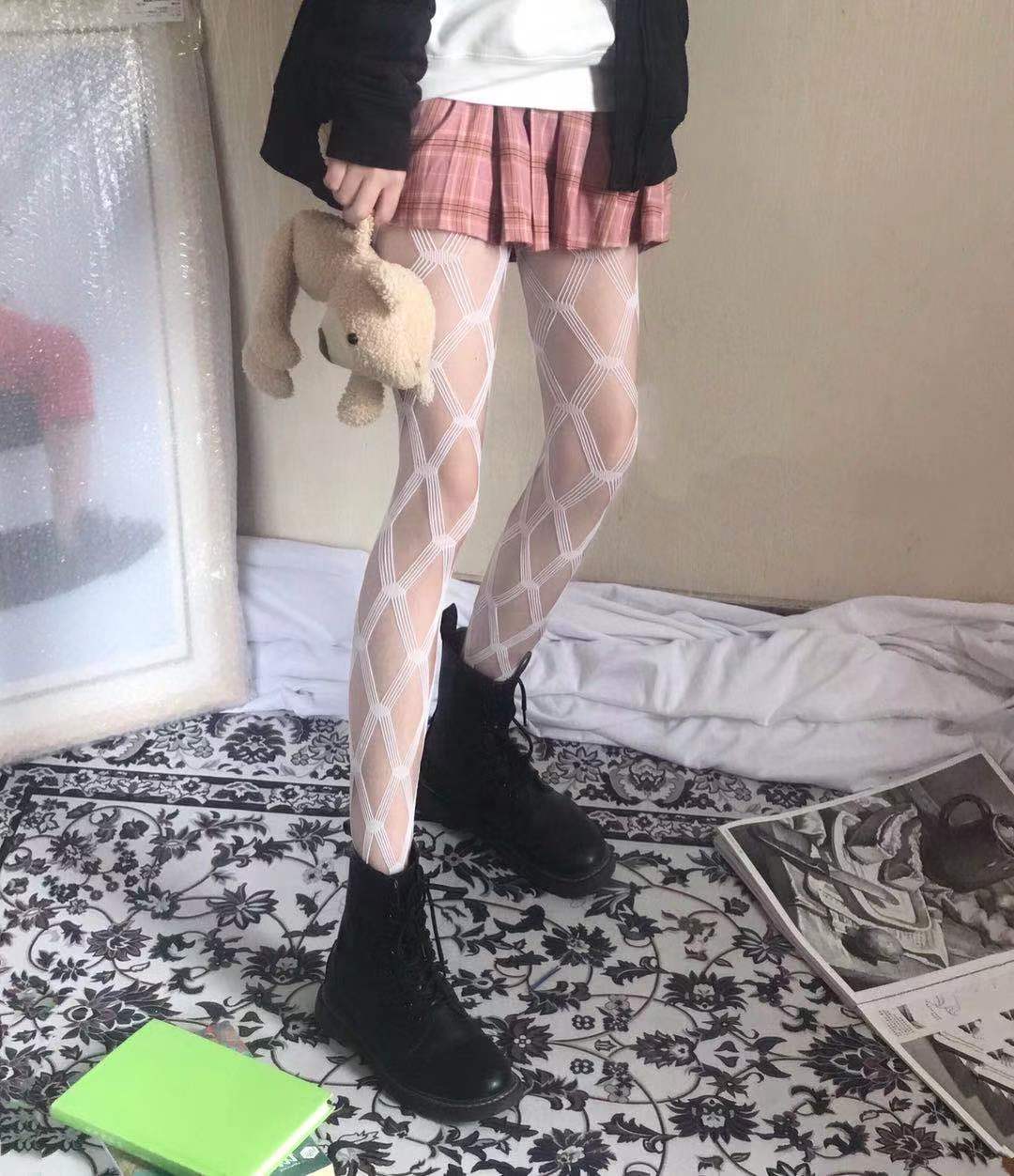 网袜连裤袜大网格镂空透肉网红街拍潮搭酷女孩丝袜暗黑菱形渔网袜
